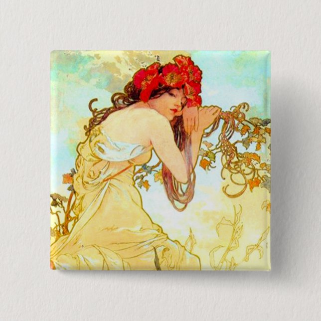 Badge Carré 5 Cm Alphonse Mucha Art Nouveau Été (Devant)