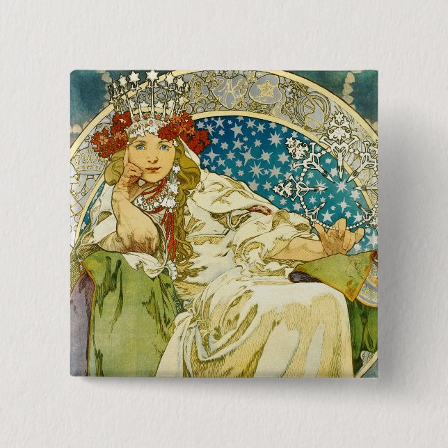 Badge Carré 5 Cm Alphonse Mucha Princess Hyacinth Art Nouveau (Devant)