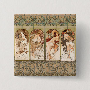 Badge Carré 5 Cm Alphonse Mucha Quatre Saisons Panneau Art nouveau 