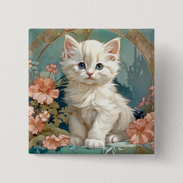 Badge Carré 5 Cm Alphonse Mucha Style Chat blanc (Devant)