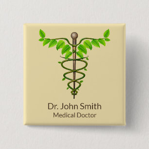 Badge Carré 5 Cm Alternative Médicale Caduceus Vert Feuilles Beige