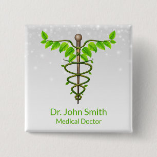 Badge Carré 5 Cm Alternative Médicale Caduceus Vert Feuilles Blanc
