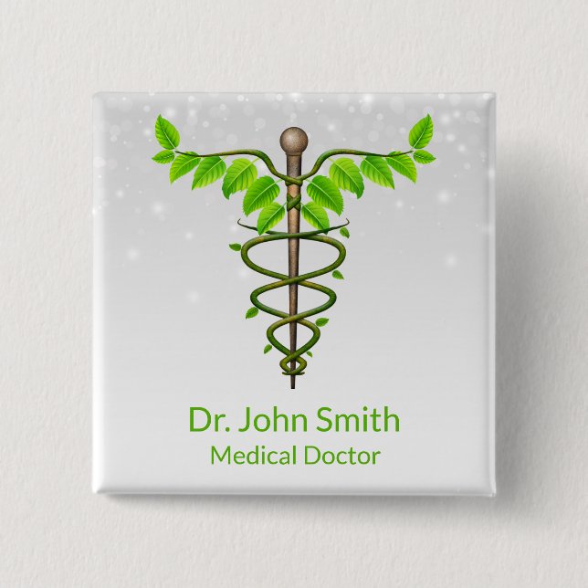 Badge Carré 5 Cm Alternative Médicale Caduceus Vert Feuilles Blanc (Devant)