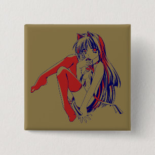 Badge Carré 5 Cm Américain Manga Neko Catgirl Kawaii Anime