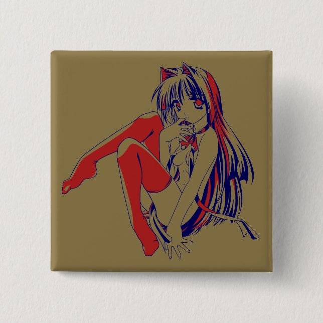 Badge Carré 5 Cm Américain Manga Neko Catgirl Kawaii Anime (Devant)