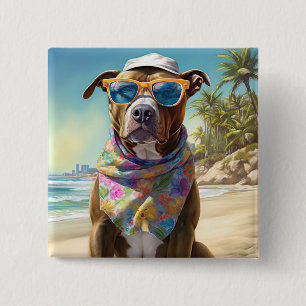 Badge Carré 5 Cm American Staffordshire sur la plage, cadeau d'été