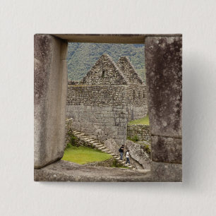 Badge Carré 5 Cm Amérique du Sud, Pérou, Machu Picchu. Deux tourist