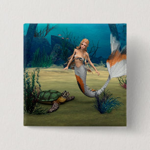 Badge Carré 5 Cm Amis Sirène et Tortue