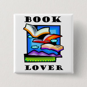 Badge Carré 5 Cm "Amoureux des livres" - livres et pages de vol