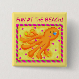 Badge Carré 5 Cm Amusement à la plage Whimsy Octopus Jaune Orange