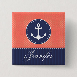 Badge Carré 5 Cm Ancre bleu-foncé de pois rose de corail avec le