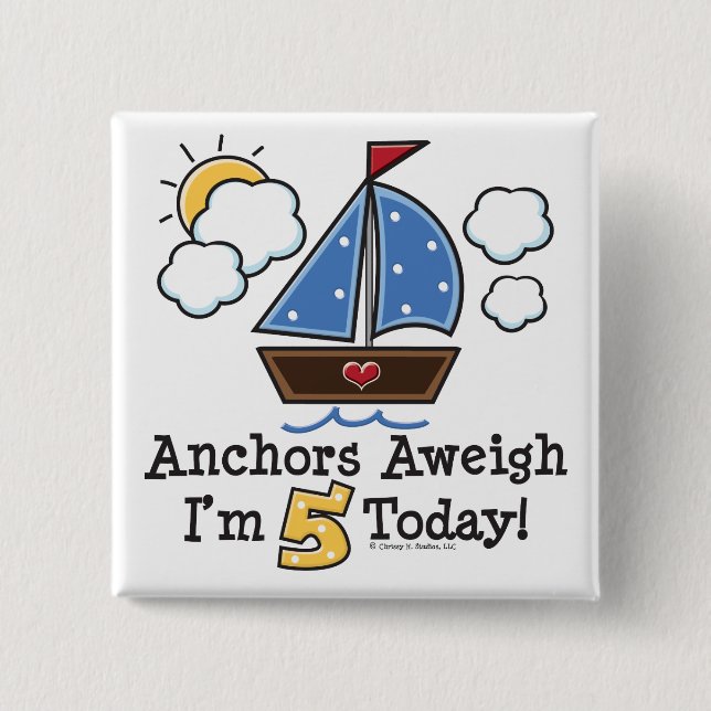 Badge Carré 5 Cm Ancres Aweigh Sailboat 5e Bouton anniversaire (Devant)