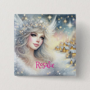 Badge Carré 5 Cm Ange de neige de givre éthéré aquarelle blanche fe