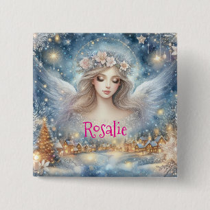 Badge Carré 5 Cm Ange de neige givré éthéré bleu festif