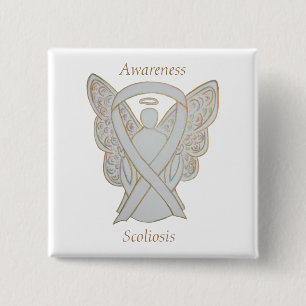 Badge Carré 5 Cm Ange de sensibilisation à la Scoliose Blanc Ruban