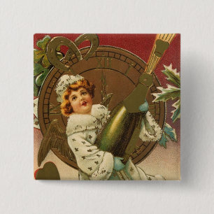 Badge Carré 5 Cm Ange du Nouvel An Champagne Victorien Vintage