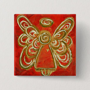 Badge Carré 5 Cm Ange Gardien Rouge Art Bouton Personnalisé de Vaca