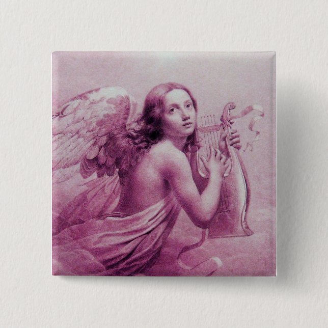 Badge Carré 5 Cm ANGE JOUER LYRA SUR LES NUAGES, rose (Devant)