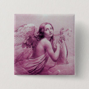 Badge Carré 5 Cm ANGE JOUER LYRA SUR LES NUAGES, rose