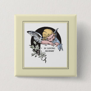 Badge Carré 5 Cm Ange Vintage En Souvenir Affectueux, Souvenir, Or