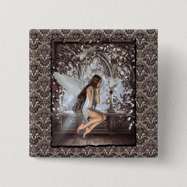 Badge Carré 5 Cm Angel gothique et sa colombe (Devant)