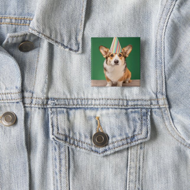 Badge Carré 5 Cm Animaux de bébés cutest | Corgi Anniversaire Chiot (En situation)