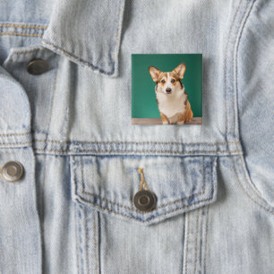 Badge Carré 5 Cm Animaux de bébés cutest   Corgi sur Turquoise