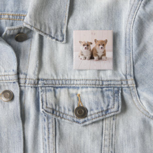 Badge Carré 5 Cm Animaux de bébés cutest Deux Bébés Corgis assis