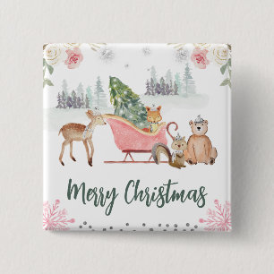 Badge Carré 5 Cm Animaux de la forêt à l'aquarelle Noël floral