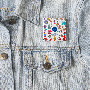 Badge Carré 5 Cm Animaux de la Vie Marine Océan Coloré Personnages
