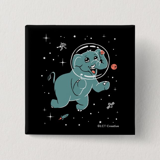 Badge Carré 5 Cm Animaux éléphants dans l'espace (Devant)