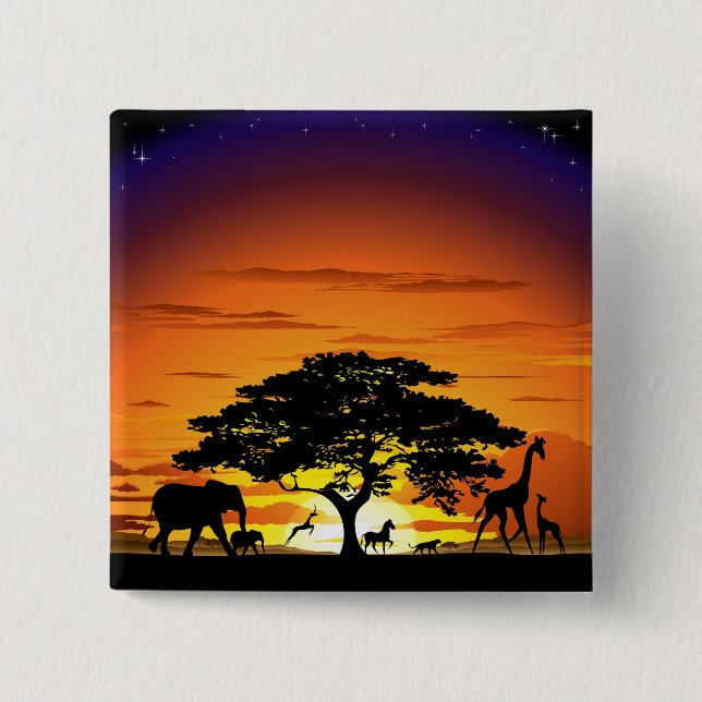 Badge Carré 5 Cm Animaux sauvages sur Savannah Sunset Button (Devant)