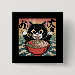 Badge Carré 5 Cm Anime Chat Manger Ramen Amusant Japonais Style Rét