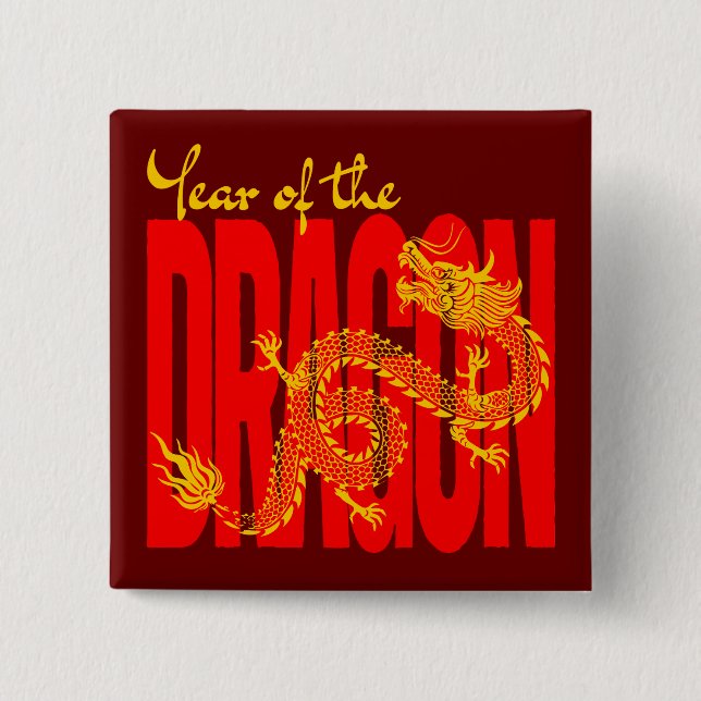 Badge Carré 5 Cm Année du Dragon Rouge Or (Devant)