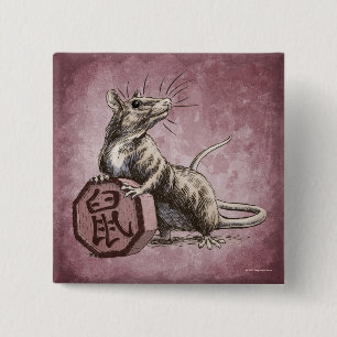 Badge Carré 5 Cm Année du Rat chinois Zodiac Art