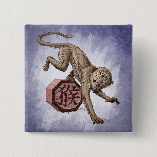 Badge Carré 5 Cm Année du singe Zodiaque chinois (Devant)