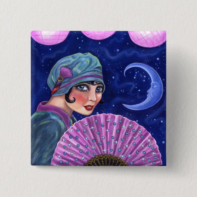Badge Carré 5 Cm Années folles Flapper Girl Fan Lune Stars (Devant)