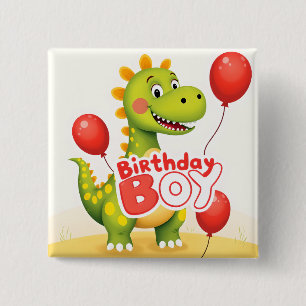 Badge Carré 5 Cm Anniversaire Boy Cute Dinosaur avec Ballons rouges