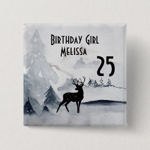 Badge Carré 5 Cm Anniversaire Fille Rindeer d'hiver Aquarelle rusti