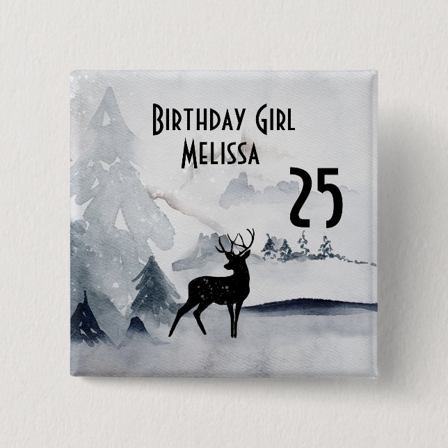 Badge Carré 5 Cm Anniversaire Fille Rindeer d'hiver Aquarelle rusti (Devant)