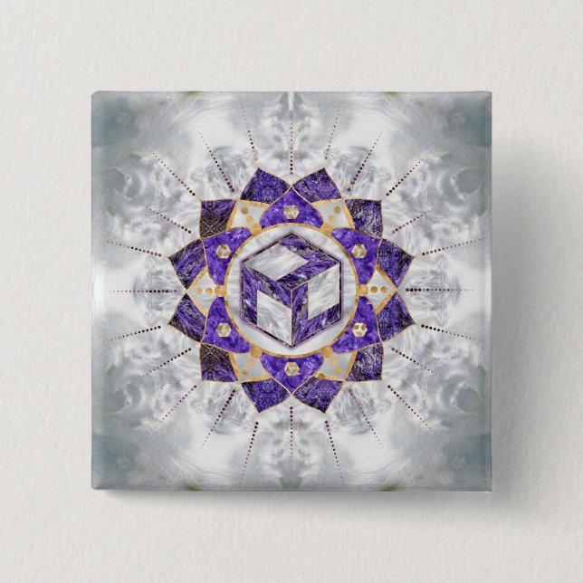 Badge Carré 5 Cm Antahkarana à Lotus Mandala- Amethyst et Pearl (Devant)