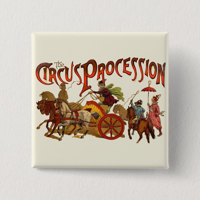 Badge Carré 5 Cm Antique Cirque Parade Clowns Chevaux (Devant)