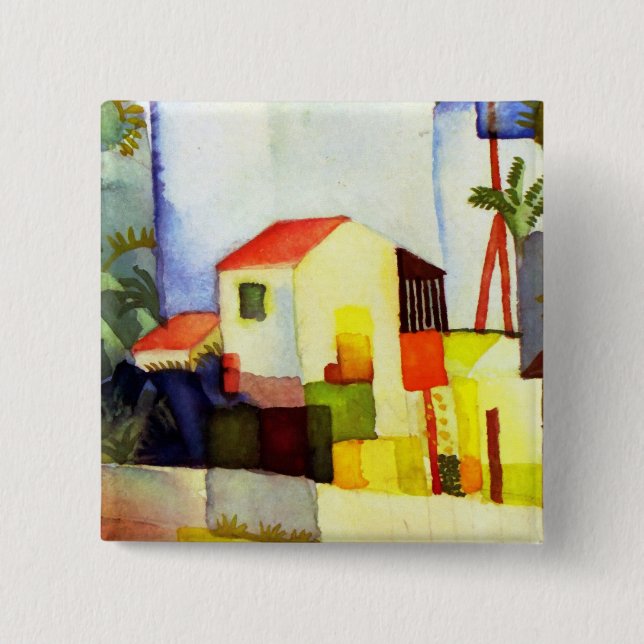 Badge Carré 5 Cm Août Macke Bright House aquarelle peinture (Devant)