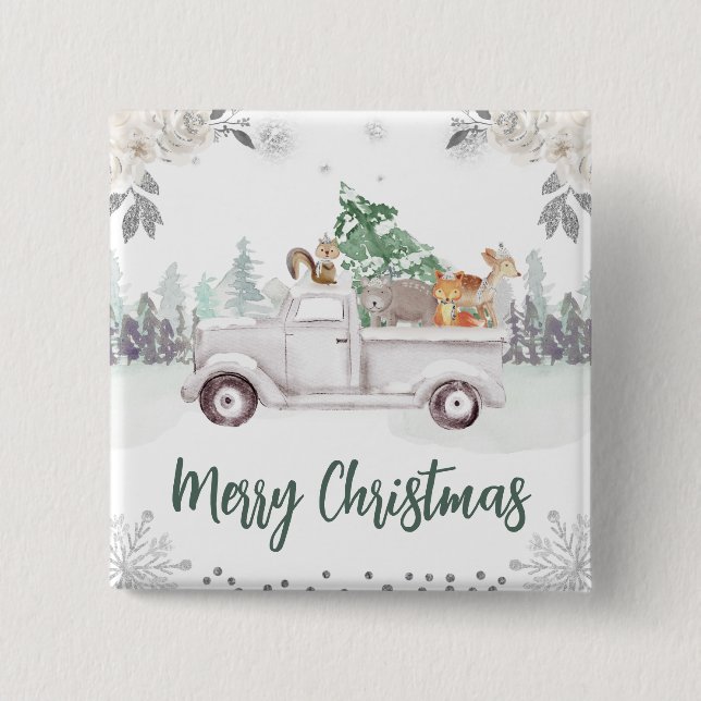 Badge Carré 5 Cm Aquarelle Bois Animaux Fleurs Noël (Devant)