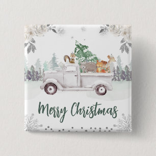 Badge Carré 5 Cm Aquarelle Bois Animaux Fleurs Noël