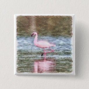 Badge Carré 5 Cm Aquarelle de Flamant rose inférieure