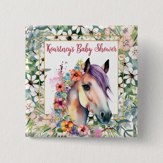 Badge Carré 5 Cm Aquarelle Floral Horse Baby shower (Devant)