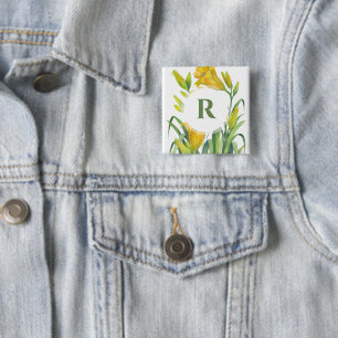 Badge Carré 5 Cm Aquarelle Jaune Lys Fleur Illustration