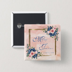 Badge Carré 5 Cm Aquarelle Mariage Navy et Blush