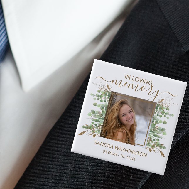 Badge Carré 5 Cm Aquarelle moderne Eucalyptus Leaf | Mémorial photo (Créateur téléchargé)